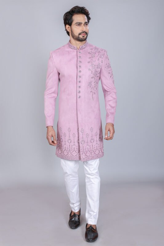 Light Cyan Banarasi Silk Fabric Wedding Wear Trendy Readymade Indo Western  Jodhpuri Suit For Men Set