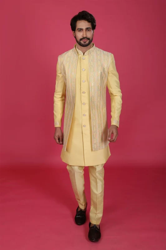 Buy Green Lucknowi Embroidered Thread Open Jacket And Kurta Set For Men by  Nero by Shaifali and Satya Online at Aza Fashions.
