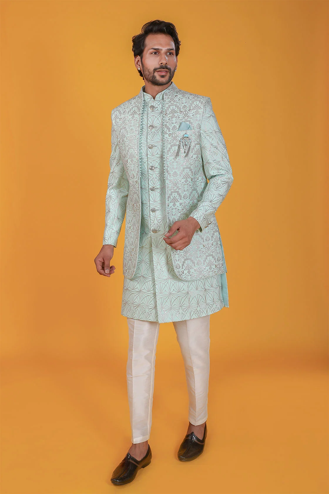Pastel Pista Kurta Set With Embroidered Open Indo-Western Jacket Design by  Soniya G Men at Pernia's Pop Up Shop 2024