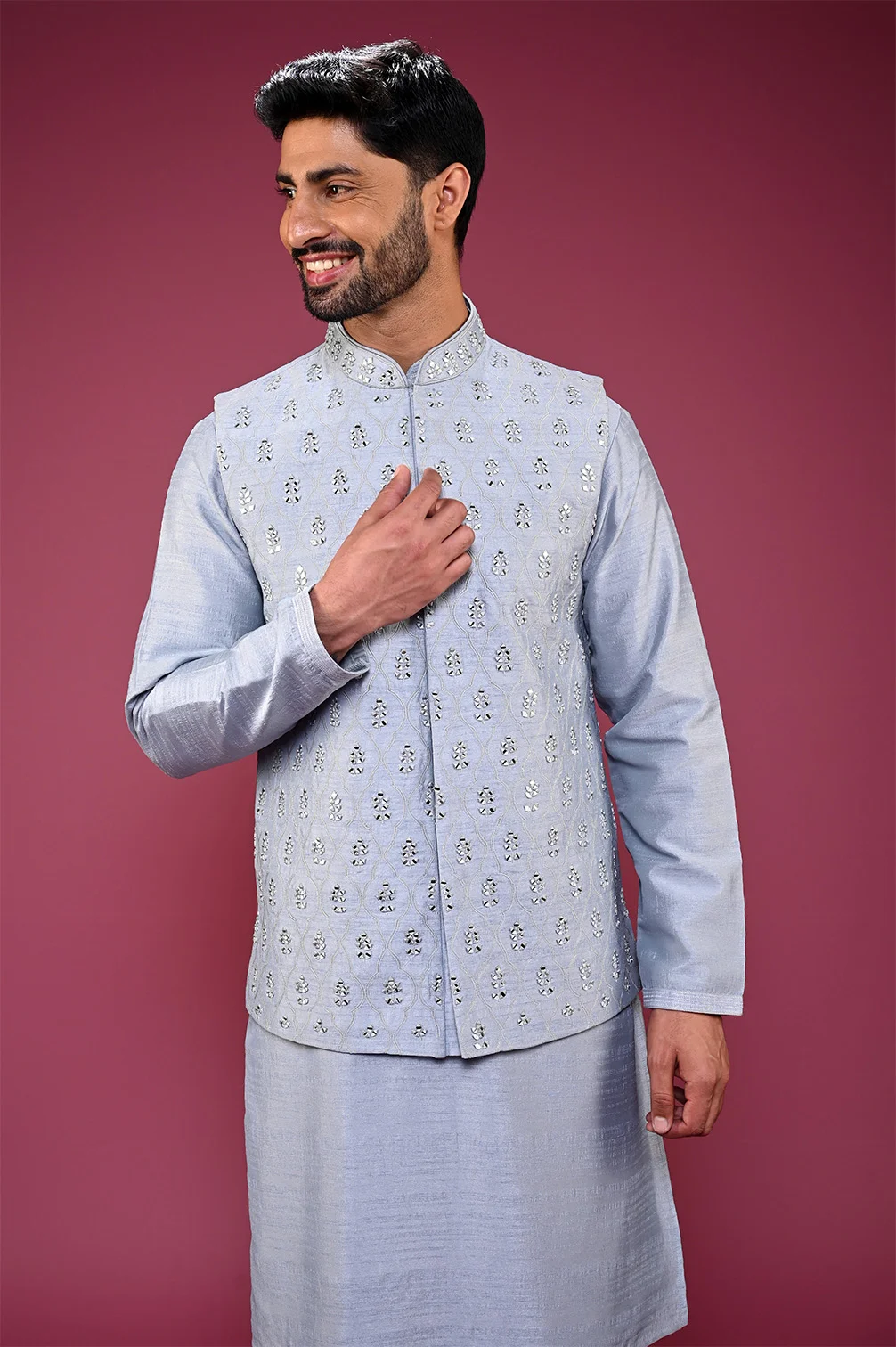 Cotton Fabric Blue Color Wedding Wear Kurta Pyjama With Jacket
