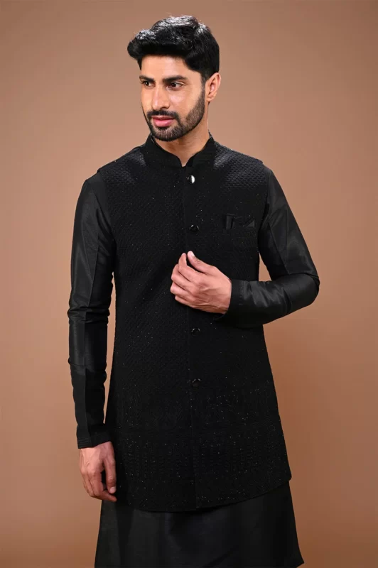 Buy Dapper Black Lucknowi Long Jacket Kurta Online