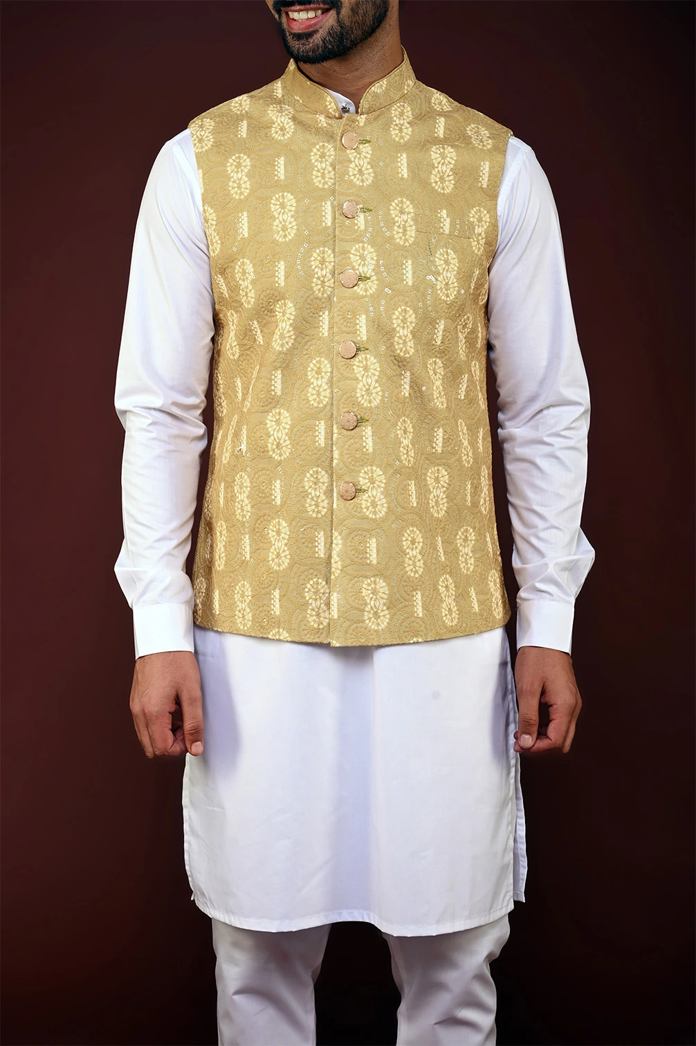 Silk Blend Abstract Pattern Round Neck Modi Jacket | Exotic India Art