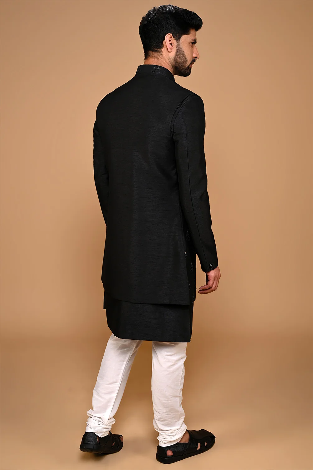 Buy Festival Wear Jacket Style Pure Black Men's Kurta Pajama MKPA01425